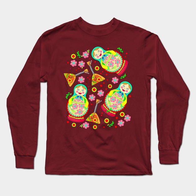 Russian doll Matryoshka and musical instrument balalaika Long Sleeve T-Shirt by Artist Natalja Cernecka